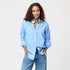 Blue Mia Stripe Ruffle Cotton Stripe Shirt with ruffle at sleeve cuff and contrast 2 color collar band - Cute women's shirts by Kerri Rosenthal