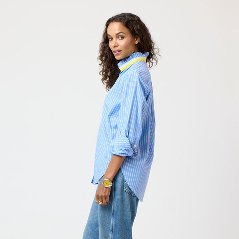 Blue Mia Stripe Ruffle Cotton Stripe Shirt with ruffle at sleeve cuff and contrast 2 color collar band - Cute women's shirts by Kerri Rosenthal