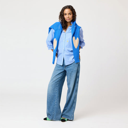 Blue Mia Stripe Ruffle Cotton Stripe Shirt with ruffle at sleeve cuff and contrast 2 color collar band - Cute women's shirts by Kerri Rosenthal