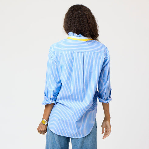 Blue Mia Stripe Ruffle Cotton Stripe Shirt with ruffle at sleeve cuff and contrast 2 color collar band - Cute women's shirts by Kerri Rosenthal