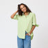 Green Mia Stripe Ruffle Cotton Stripe Shirt with ruffle at sleeve cuff and contrast 2 color collar band- Cute women's shirts by Kerri Rosenthal