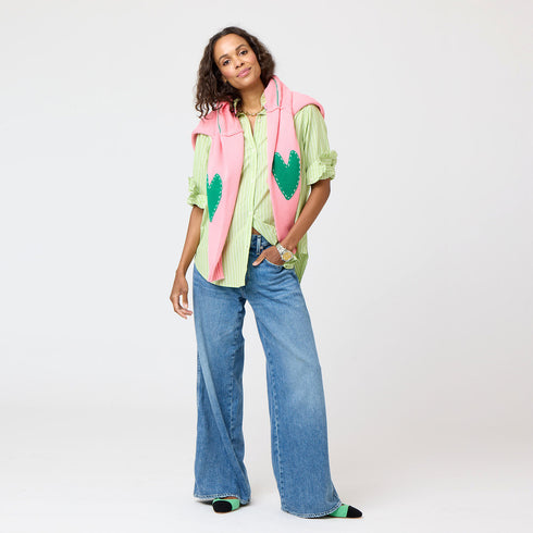 Green Mia Stripe Ruffle Cotton Stripe Shirt with ruffle at sleeve cuff and contrast 2 color collar band - Cute women's shirts by Kerri Rosenthal