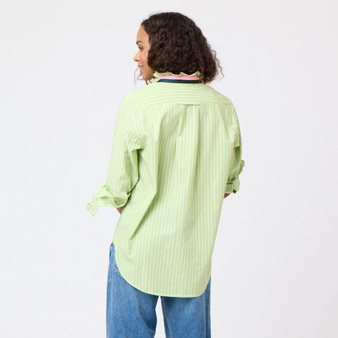 Green Mia Stripe Ruffle Cotton Stripe Shirt with ruffle at sleeve cuff and contrast 2 color collar band - Cute women's shirts by Kerri Rosenthal