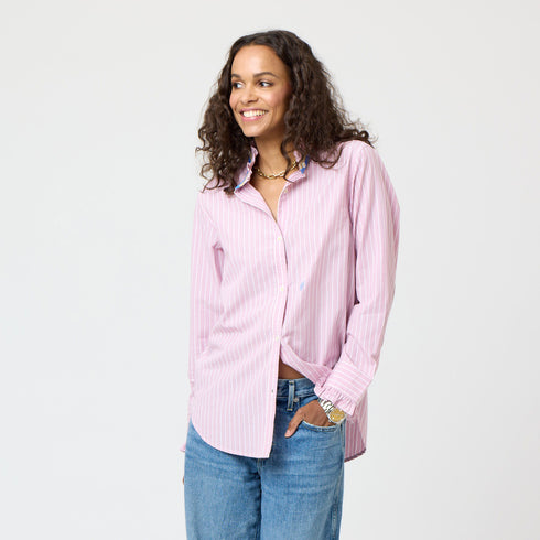 Mauve Mia Stripe Ruffle Cotton Stripe Shirt with ruffle at sleeve cuff and contrast 2 color collar band - Cute women's shirts by Kerri Rosenthal