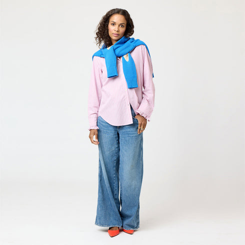 Mauve Mia Stripe Ruffle Cotton Stripe Shirt with ruffle at sleeve cuff and contrast 2 color collar band - Cute women's shirts by Kerri Rosenthal