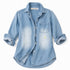 Blue denim long sleeve button-up shirt with heart elbow patches. Cute designer shirts by Kerri Rosenthal