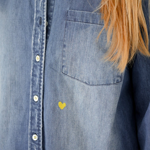 long sleeve denim jean button shirt with heart embroidery and elbow patches