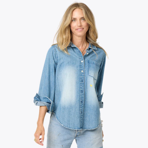Blue denim long sleeve button-up shirt with heart elbow patches. Cute designer shirts by Kerri Rosenthal