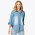 Blue denim long sleeve button-up shirt with heart elbow patches. Cute designer shirts by Kerri Rosenthal