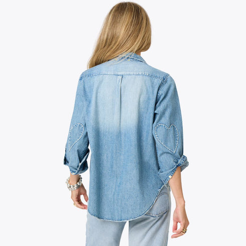 Blue denim long sleeve button-up shirt with heart elbow patches. Cute designer shirts by Kerri Rosenthal