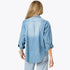 Blue denim long sleeve button-up shirt with heart elbow patches. Cute designer shirts by Kerri Rosenthal
