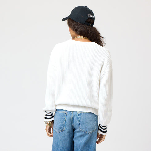 White Boyfriend New Love Cotton Knit Crew Neck Sweater with 'New Love' artwork on center front chest - Cute women's sweaters by Kerri Rosenthal