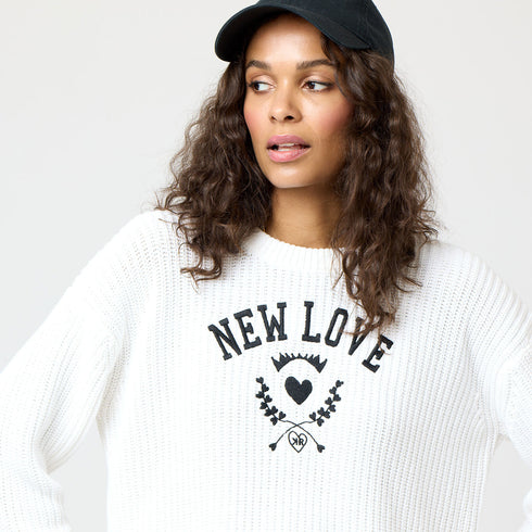 White Boyfriend New Love Cotton Knit Crew Neck Sweater with 'New Love' artwork on center front chest - Cute women's sweaters by Kerri Rosenthal
