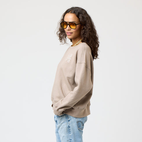 Cobblestone taupe Ex-Boyfriend Love Sweatshirt made of 100% cotton fleece with 'Love' graphic printed at left chest. Cute womens sweatshirts by Kerri Rosenthal