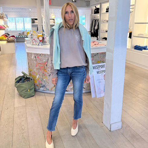 Cobblestone taupe Ex-Boyfriend Love Sweatshirt made of 100% cotton fleece with 'Love' graphic printed at left chest. Cute womens sweatshirts by Kerri Rosenthal