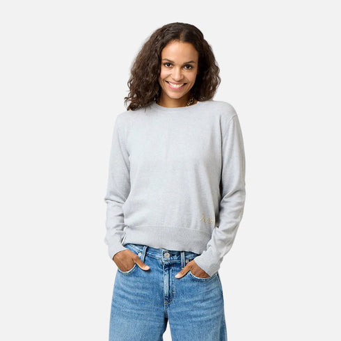 Grey patchwork crewneck sweater with imperfect heart patches on elbows in a soft cotton-cashmere blend. Cute women's sweaters by Kerri Rosenthal