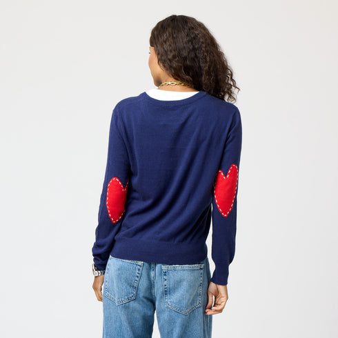 Indigo Patchwork Crew Neck Sweater with imperfect heart patches on elbows in a soft cotton-cashmere blend. Cute women's sweaters by Kerri Rosenthal