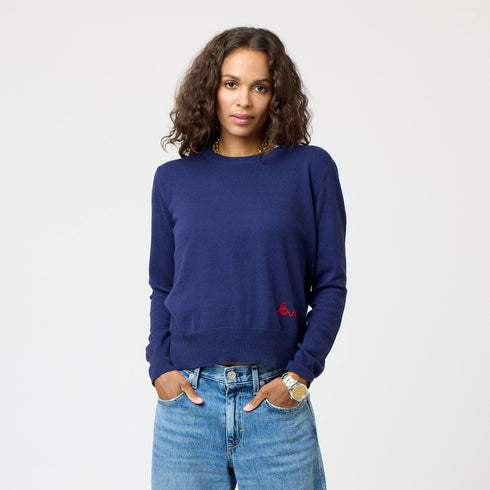 Indigo Patchwork Crew Neck Sweater with imperfect heart patches on elbows in a soft cotton-cashmere blend. Cute women's sweaters by Kerri Rosenthal