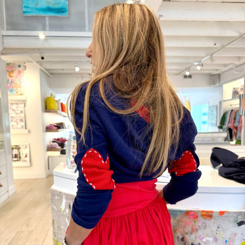 Indigo Patchwork Crew Neck Sweater with imperfect heart patches on elbows in a soft cotton-cashmere blend. Cute women's sweaters by Kerri Rosenthal