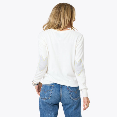 Patchwork crewneck white sweater with imperfect heart elbow patches cotton cashmere blend - Cute women's sweaters by Kerri Rosenthal