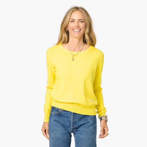 Patchwork crewneck yellow sweater with imperfect heart elbow patches cotton cashmere blend - Cute women's sweaters by Kerri Rosenthal