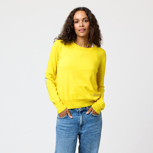 Yellow Patchwork Crew Neck Sweater with imperfect heart patches on elbows in a soft cotton-cashmere blend. Cute women's sweaters by Kerri Rosenthal