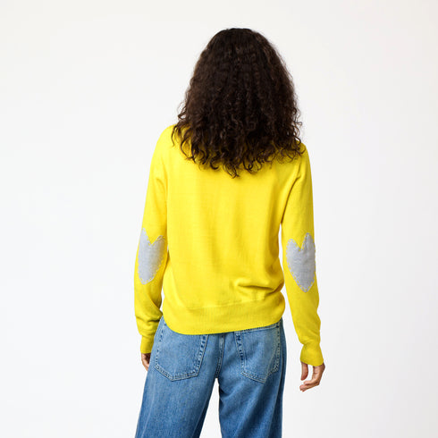 Yellow Patchwork Crew Neck Sweater with imperfect heart patches on elbows in a soft cotton-cashmere blend. Cute women's sweaters by Kerri Rosenthal