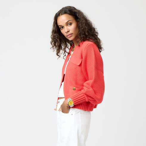 Red Alaina Balloon sleeve cardigan 100% cotton with Patch pockets with gold functional button and Rib at cuffs and hem - Cute womens cardigans by Kerri Rosenthal