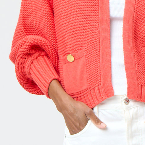 Red Alaina Balloon sleeve cardigan 100% cotton with Patch pockets with gold functional button and Rib at cuffs and hem - Cute womens cardigans by Kerri Rosenthal