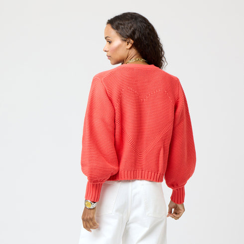 Red Alaina Balloon sleeve cardigan 100% cotton with Patch pockets with gold functional button and Rib at cuffs and hem - Cute womens cardigans by Kerri Rosenthal