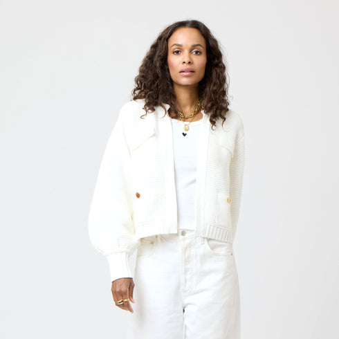White Alaina Balloon sleeve cardigan 100% cotton with Patch pockets with gold functional button and Rib at cuffs and hem - Cute womens cardigans by Kerri Rosenthal