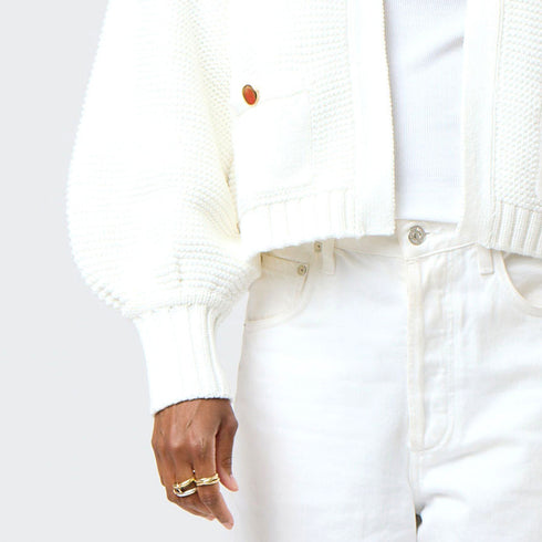 White Alaina Balloon sleeve cardigan 100% cotton with Patch pockets with gold functional button and Rib at cuffs and hem - Cute womens cardigans by Kerri Rosenthal