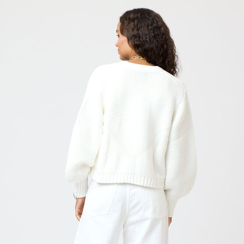 White Alaina Balloon sleeve cardigan 100% cotton with Patch pockets with gold functional button and Rib at cuffs and hem - Cute womens cardigans by Kerri Rosenthal