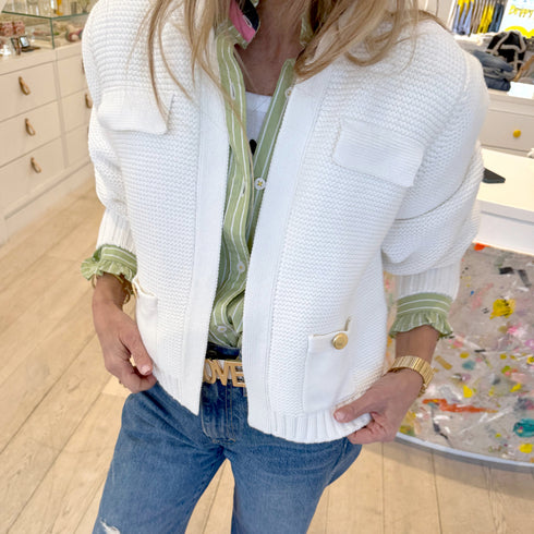 White Alaina Balloon sleeve cardigan 100% cotton with Patch pockets with gold functional button and Rib at cuffs and hem - Cute womens cardigans by Kerri Rosenthal