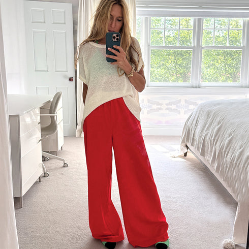 Red Ali Pant 100% poly crepe with embroidered heart patch detail in contrast color - Cute women's pants by Kerri Rosenthal
