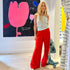 Red Ali Pant 100% poly crepe with embroidered heart patch detail in contrast color - Cute women's pants by Kerri Rosenthal