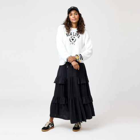 Athena Maxi Silk Black Skirt With Delicate Ruffles And 3 Tiered Shape 100% Silk Sandwash - Cute designer long skirts by Kerri Rosenthal