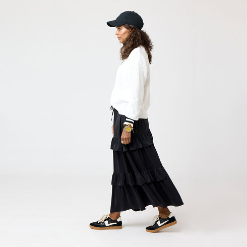 Black Athena Silk Ruffle Long Maxi Skirt with tiered design and slight side-slit - Cute women's skirts by Kerri Rosenthal