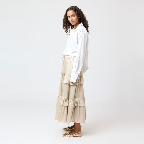 Sand Athena Silk Ruffle Long Maxi Skirt with tiered design and slight side-slit - Cute women's skirts by Kerri Rosenthal