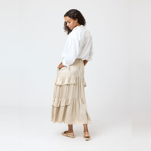 Sand Athena Silk Ruffle Long Maxi Skirt with tiered design and slight side-slit - Cute women's skirts by Kerri Rosenthal