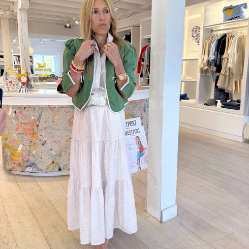 Multi gabrielle sweetie pie skirt 100% cotton with 3 tiered Heart embroidery with cutout at wearers right hem - Cute womens maxi skirts by Kerri Rosenthal