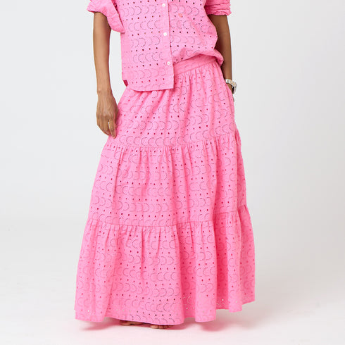Gabrielle eyelet neon pink maxi skirt made of 100% cotton poplin with 3 tiered Embroidered heart - Cute women's maxi skirts by Kerri Rosenthal