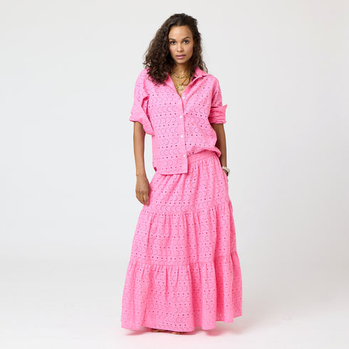 Gabrielle eyelet neon pink maxi skirt made of 100% cotton poplin with 3 tiered Embroidered heart - Cute women's maxi skirts by Kerri Rosenthal