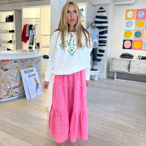 Gabrielle eyelet neon pink maxi skirt made of 100% cotton poplin with 3 tiered Embroidered heart - Cute women's maxi skirts by Kerri Rosenthal