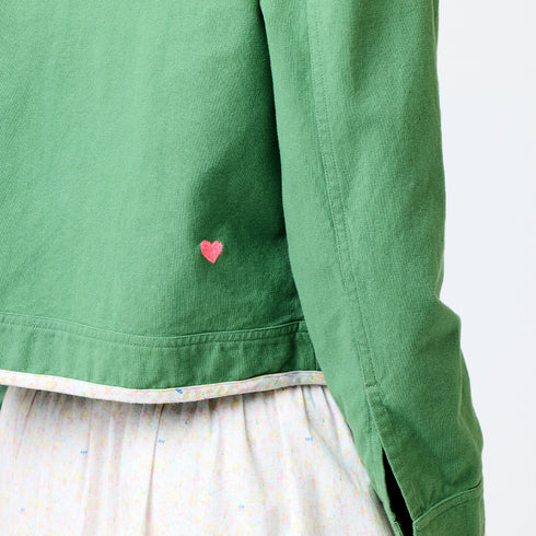 Olive green morgan beau-lero 100% cotton canvas jacket with Puff shoulder and heart embroidery in contrast color at back - Cute womens jackets by Kerri Rosenthal