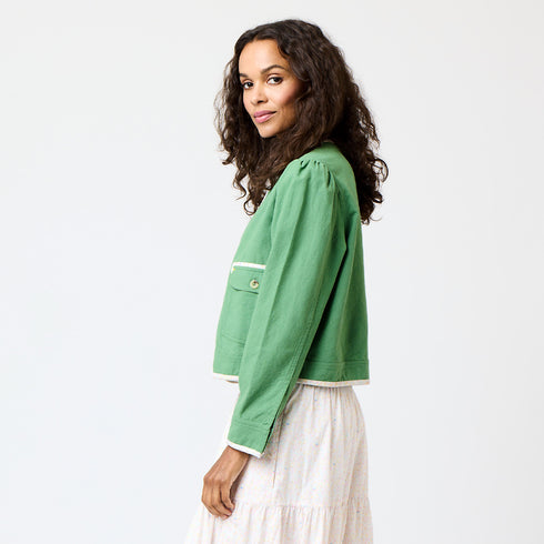 Olive green morgan beau-lero 100% cotton canvas jacket with Puff shoulder and heart embroidery in contrast color at back - Cute womens jackets by Kerri Rosenthal