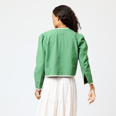 Olive green morgan beau-lero 100% cotton canvas jacket with Puff shoulder and heart embroidery in contrast color at back - Cute womens jackets by Kerri Rosenthal
