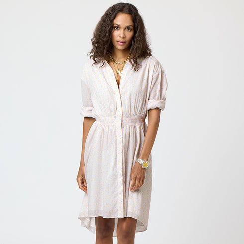 Multi evelyn sweetie pie midi dress 100% cotton with buttons at center front bodice, smocked waist and self ties - Cute womens midi dresses by Kerri Rosenthal