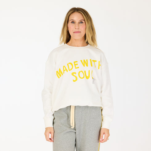 SoulCycle x KR Ex-boyfriend made with soul white sweatshirt 100% cotton fleece - Cute womens sweatshirts by Kerri Rosenthal