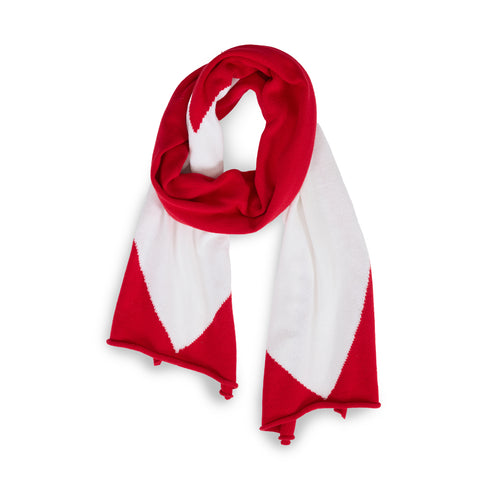 Imperfect heart cherri red-white scarf in a cotton-cashmere blend with intarsia heart details at the ends - Shop cute women’s scarves by Kerri Rosenthal
